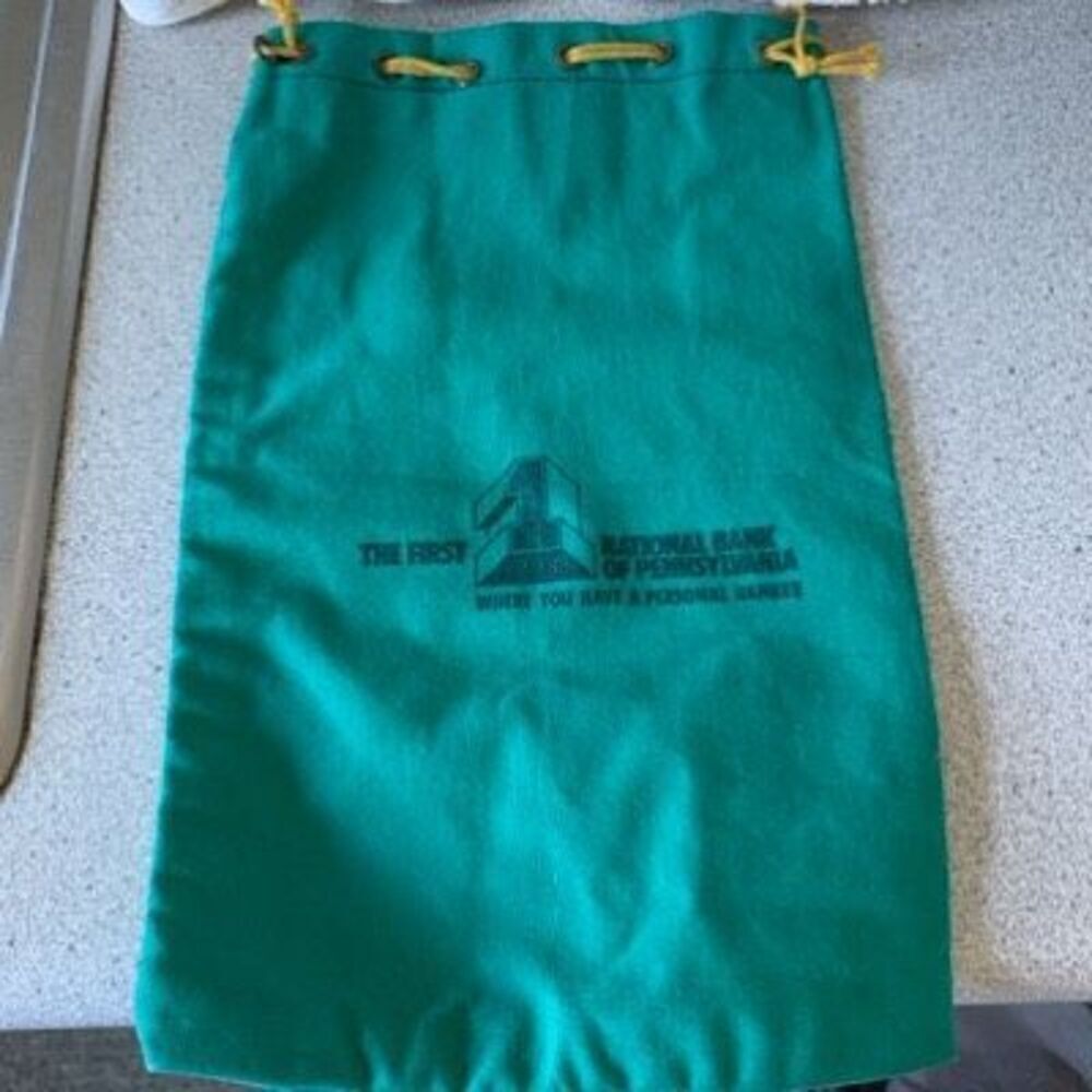The First National Bank Of Pennsylvania Vintage Green Drawstring Coin Bag